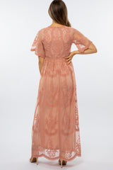 Pink Lace Mesh Overlay Maternity Maxi Dress