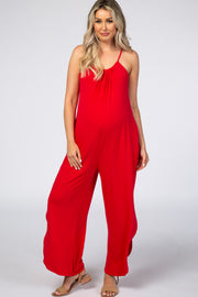 Red Sleeveless Side Slit Maternity Jumpsuit