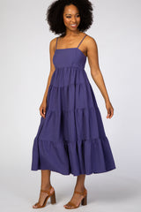 Purple Straight Neck Pleated Tier Back Tie Midi Dress