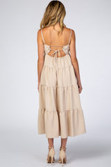 Beige Straight Neck Pleated Tier Back Tie Maternity Midi Dress