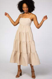 Beige Straight Neck Pleated Tier Back Tie Midi Dress