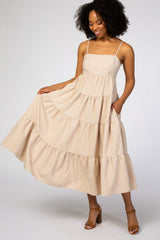 Beige Straight Neck Pleated Tier Back Tie Midi Dress