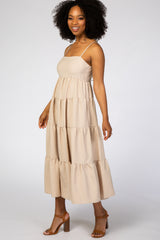 Beige Straight Neck Pleated Tier Back Tie Midi Dress