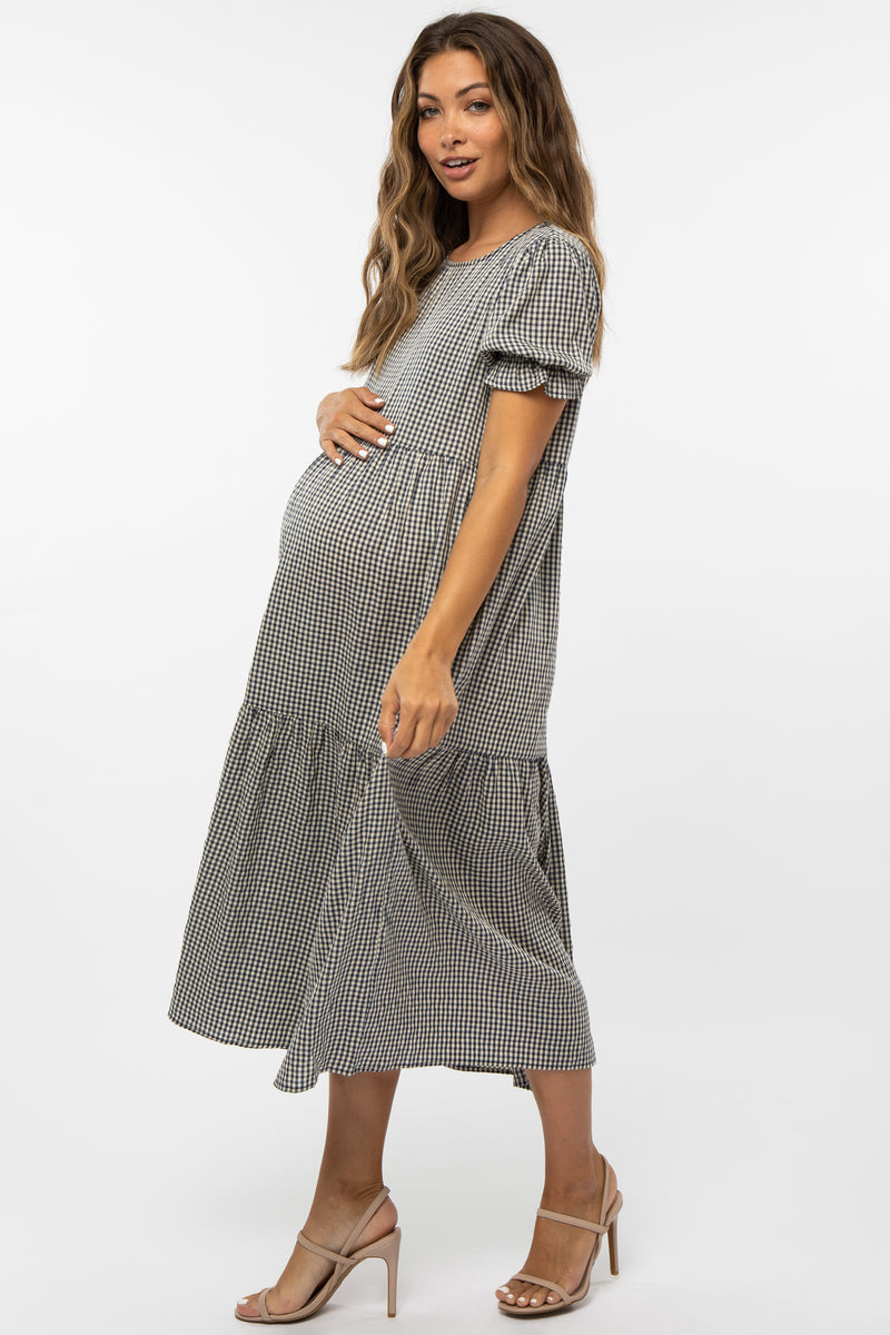 Navy Gingham Print Tiered Maternity Midi Dress – PinkBlush