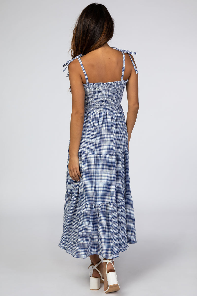 Navy Checkered Tiered Midi Dress – PinkBlush