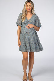 Light Blue Animal Print Ruffle Trim Maternity Mini Dress