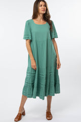 Green Tiered Pintuck Midi Dress