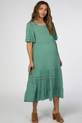 Green Tiered Pintuck Maternity Midi Dress