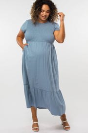 Blue Smocked Maternity Plus Maxi Dress