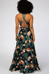 Navy Blue Palm Print Cross Back Maxi Dress