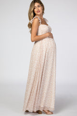 Beige Floral Print Smocked Maternity Maxi Dress