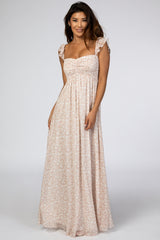 Beige Floral Print Smocked Maternity Maxi Dress