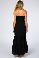 Black Strapless Smocked Front Eyelet Maternity Maxi Dress