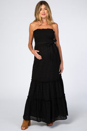 Black Strapless Smocked Front Eyelet Maternity Maxi Dress