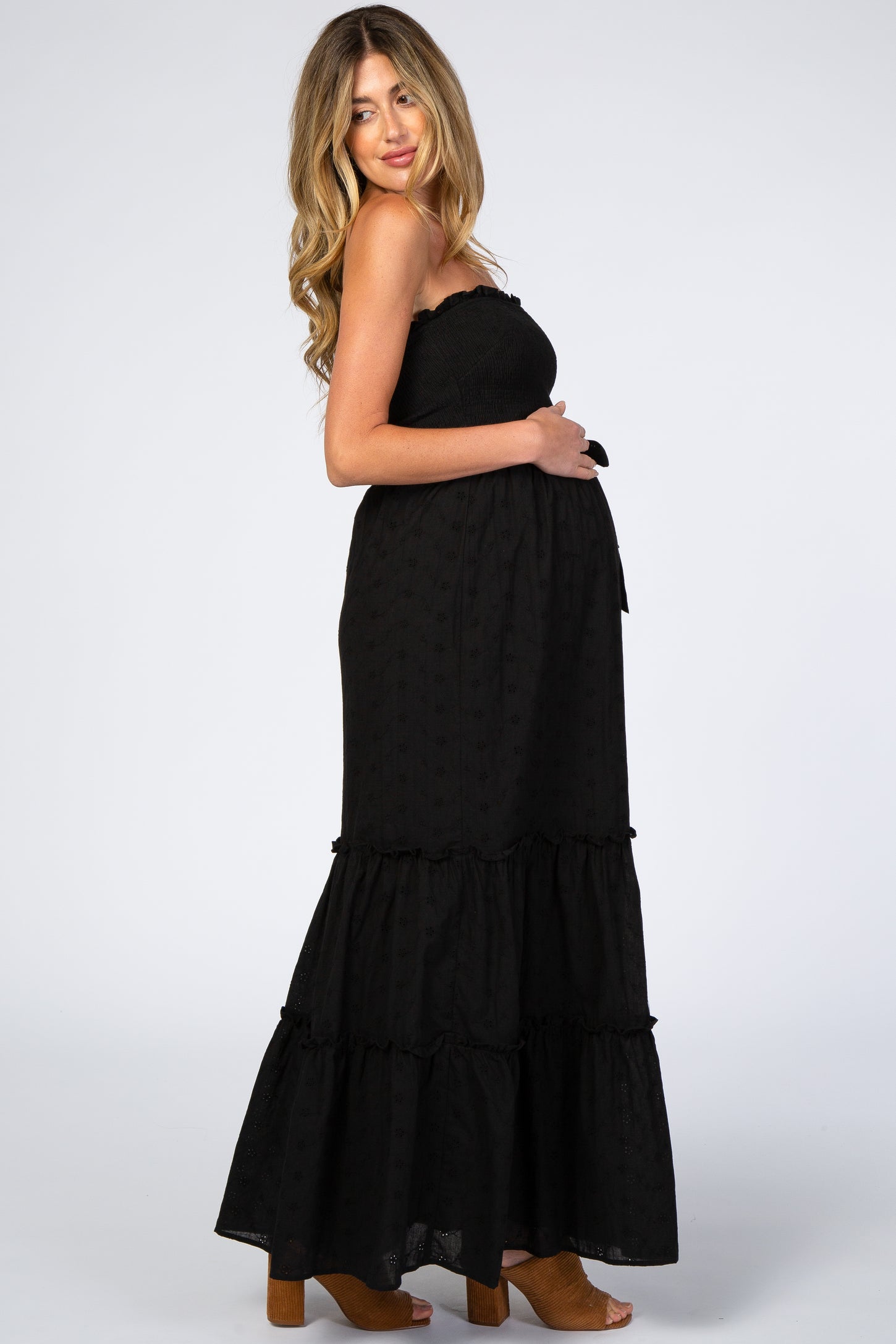 Black Strapless Smocked Front Eyelet Maxi Dress– PinkBlush