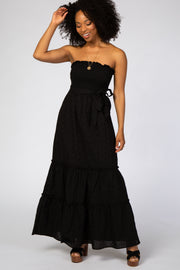 Black Strapless Smocked Front Eyelet Maxi Dress