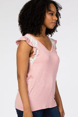 Pink Lace Inset Ruffle Accent Top