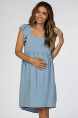 Blue Flutter Sleeve Maternity Dress