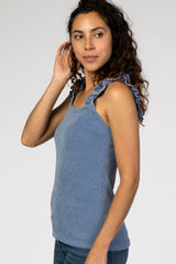 Blue Ribbed Ruffle Strap Tank Top