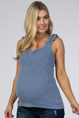 Blue Ribbed Ruffle Strap Maternity Tank Top