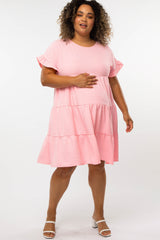 Pink Swiss Dot Ruffle Tiered Maternity Plus Dress