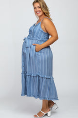 Blue Striped Button Front Plus Maternity Midi Dress