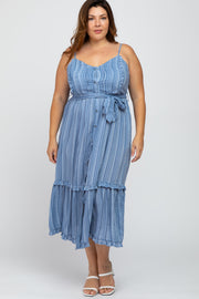 Blue Striped Button Front Plus Midi Dress