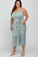 Light Olive Striped Button Front Plus Maternity Dress