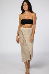 Beige Open Knit Wrap Front Cover Up Skirt