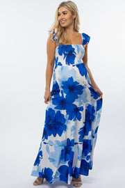 Blue Floral Smocked Tiered Maternity Maxi Dress