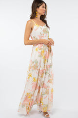 Cream Floral Chiffon Maxi Dress