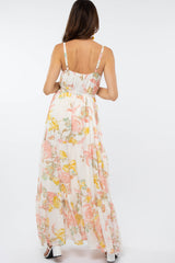 Cream Floral Chiffon Maxi Dress