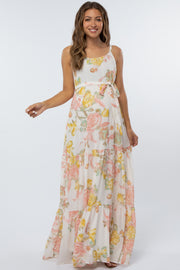 Cream Floral Chiffon Maternity Maxi Dress