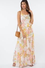 Cream Floral Chiffon Maxi Dress