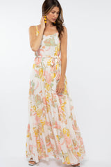 Cream Floral Chiffon Maxi Dress