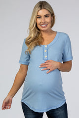 Light Blue Button Front Maternity T Shirt