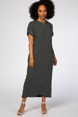 Black Striped Rib Mock Neck Midi Dress