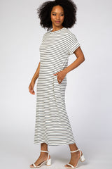 White Striped Rib Mock Neck Midi Dress