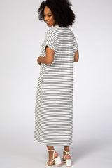 White Striped Rib Mock Neck Midi Dress