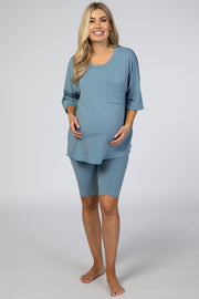 Blue Biker Short Maternity Sleep Set