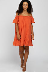 Coral Ruffle Off Shoulder Short Sleeve Dress