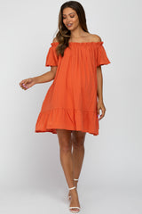 Coral Ruffle Off Shoulder Short Sleeve Maternity Dress