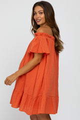 Coral Ruffle Off Shoulder Short Sleeve Maternity Dress