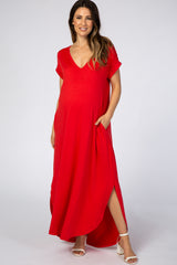 Red Side Slit Maternity Maxi Dress