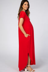 Red Side Slit Maternity Maxi Dress