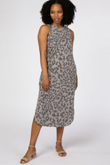 Taupe Animal Print Sleeveless Maternity Midi Dress