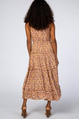 Rust Floral Ruffle Trim Waist Tie Midi Dress