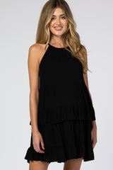 Black Halter Neck Tie Tiered Maternity Dress