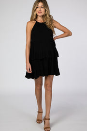 Black Halter Neck Tie Tiered Maternity Dress