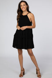 Black Halter Neck Tie Tiered Dress